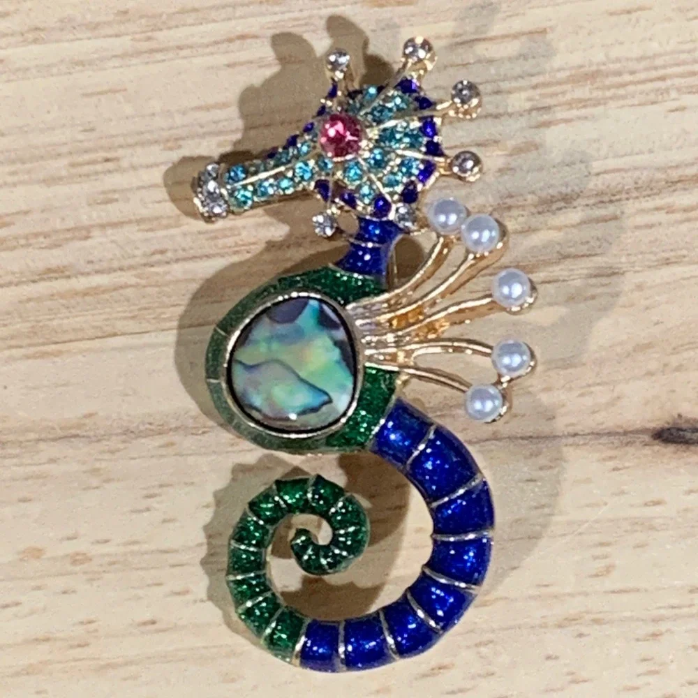 Maximalist Seahorse Brooch Women Blue Green Enamel Abalone Faux Pearl Nautical